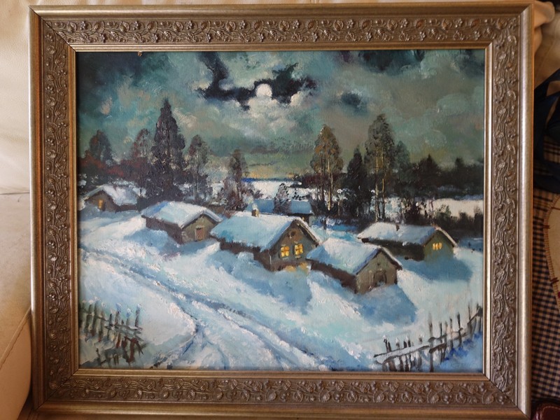 Russian Snow Scene,by Moonlight, Fine Framed Oil Painting,Signed.