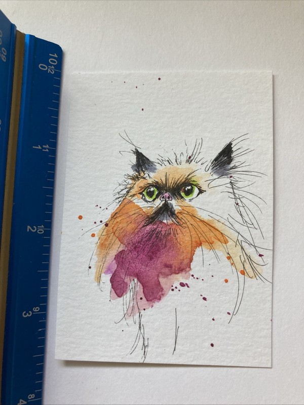 ACEO Original Watercolor Painting Cat ATC Artist Trading Card OOAK gallery