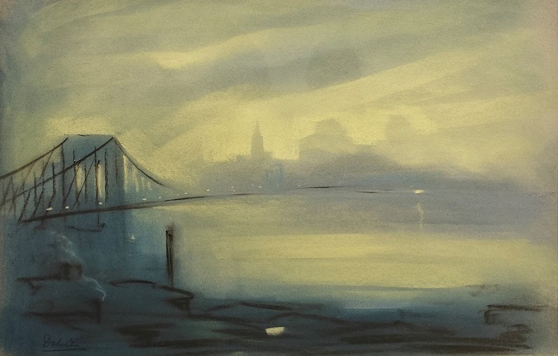 "New York Harbor (Brooklyn Bridge)" Leon Dolice, Mid-Century Cityscape Nocturne
