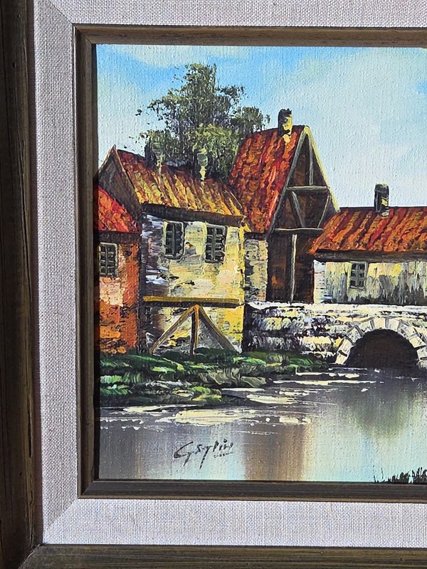 European Scene of Bridge, River & Buildings Oil Painting Signed 18 1/4" X 16.5" gallery