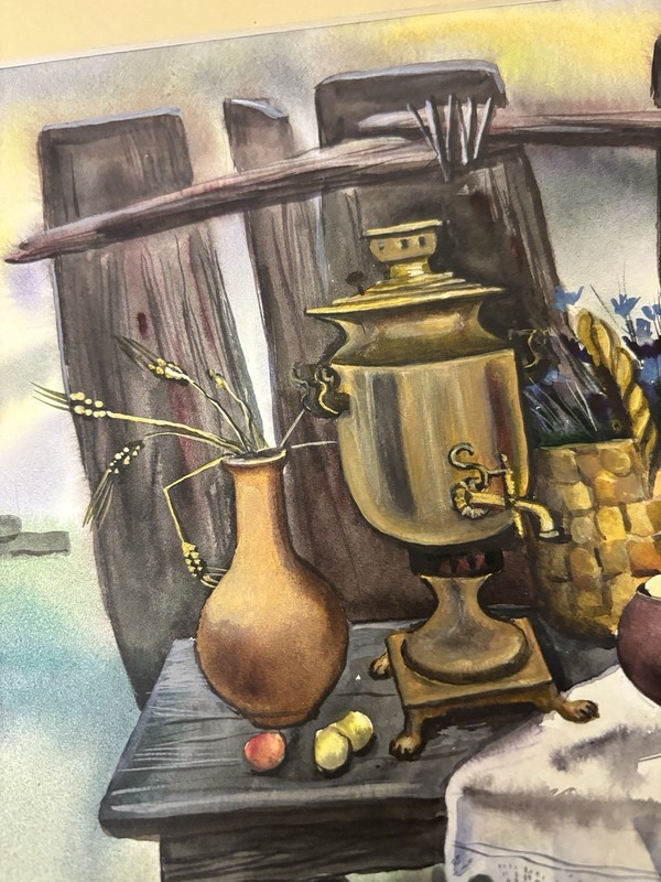 Vintage Signed A. Erwin 1991 Framed Still Life Samovar Rustic Country Art gallery