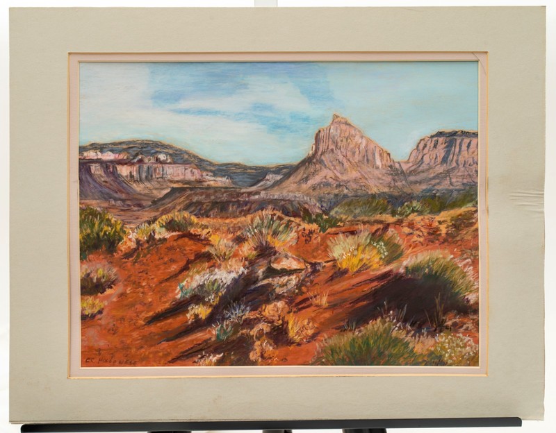 Vintage Southwest Desert Landscape Pastel, Signed EC Hollowell gallery