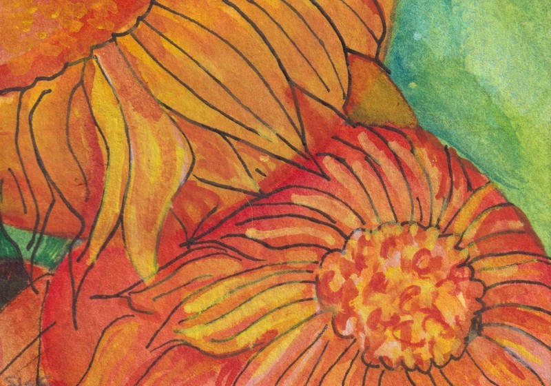 Orange Flowers ACEO Original Watercolor Painting with Pen & Ink, Sharon Foster
