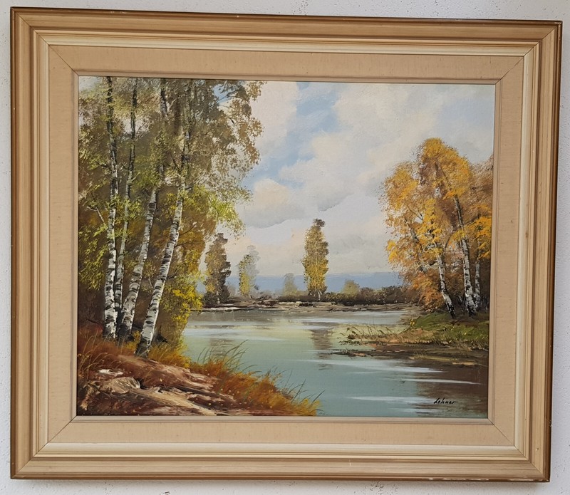 Oil painting artwork with frame picture painting oil painting forest lake nature birch
