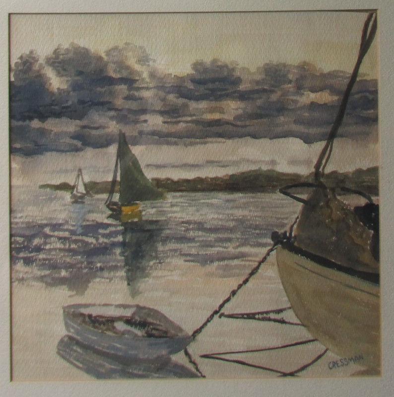 Maritime watercolor painting signed Cressman boats harbor seaside seafaring