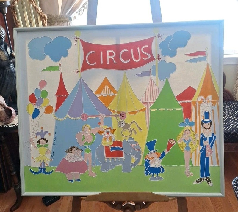 SHARI HATCHETT «CIRCUS» Colorful Theme Frame Painting on Canvas 37 X 31 Inches