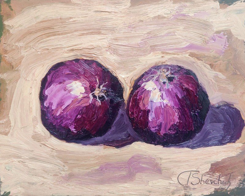 Onions Original Oil Peinting Still Life Kitchen Hand Painted Modern Art 10×8 in