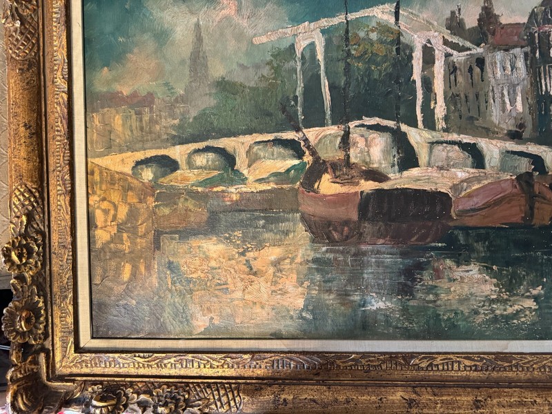 Huge Gerard Red? "Dutch Canal Traffic" Oil Painting - Signed And Framed gallery