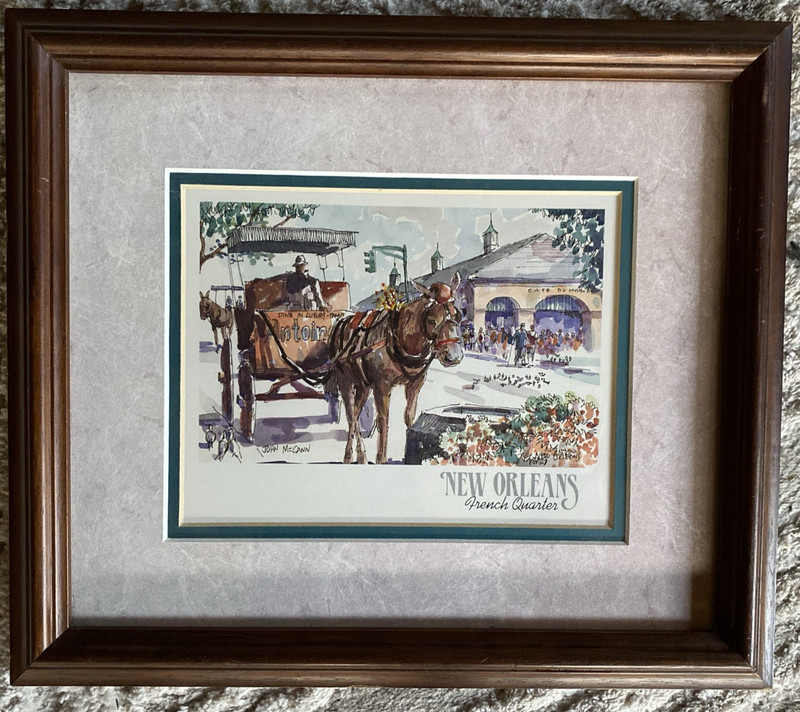 JOHN MCCANN SIGNED WATERCOLOR PRINT NOLA FRENCH QUARTER HORSE & BUGGY FRAMED