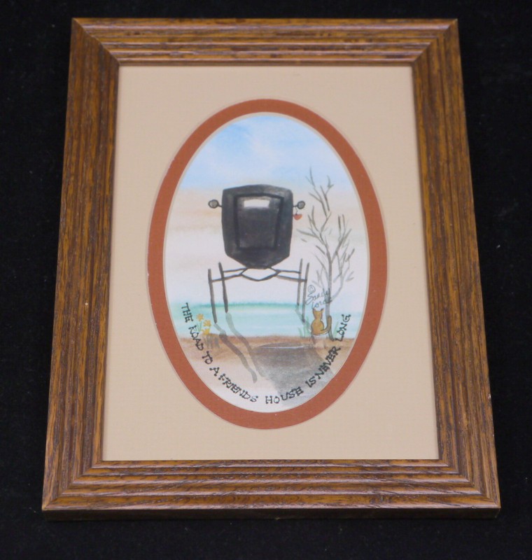 VINTAGE SANDY LORD FRAMED WATERCOLOR PAINTING, AMISH BUGGY & CAT