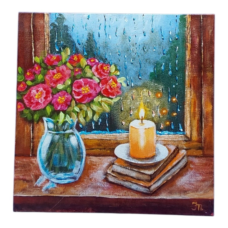 Painting with rain Original painting Candle on Books Roses in a Vase Wall Art