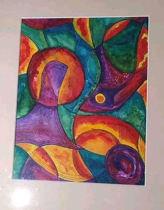 Abstract Water Color Artwork Colorful OOAK Framed Water Color Painting 14″ X 14″