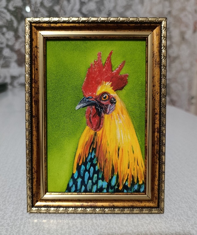 ORIGINAL Oil Painting Rooster Contemporary Wall art Miniature Handmade Birds gallery