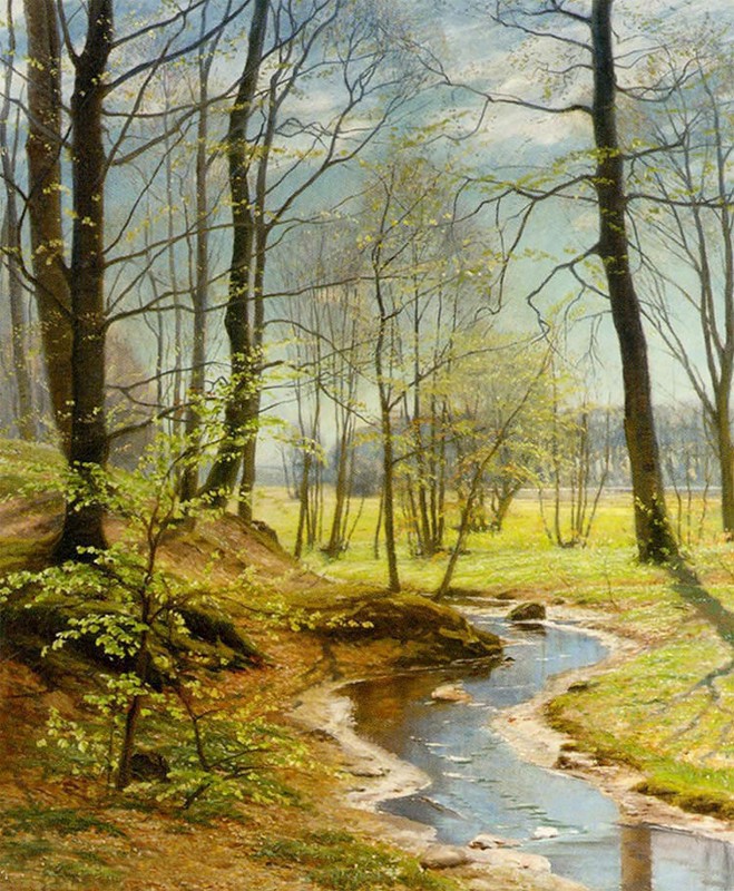 Oil painting christian peder morch zacho – a stream in the woods spring scene