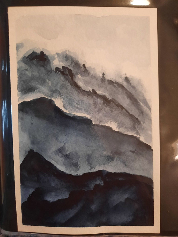 Small Watercolor Landscape Painting. "Foggy Mountains II". Paul Eres. 5.5x8.5. gallery