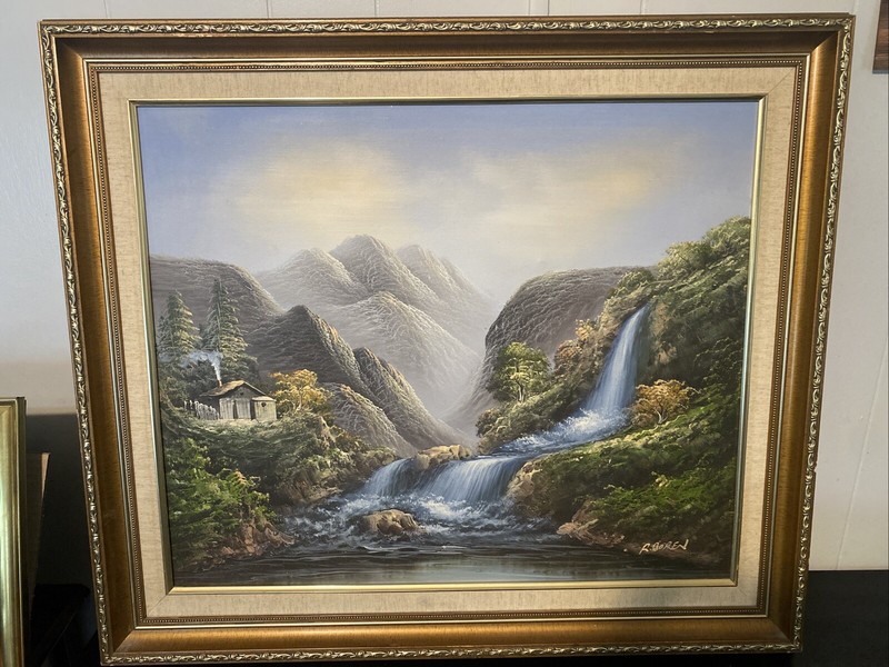 R Boren Oil Painting Landscape Mountain View Cabin River Waterfall Side Framed