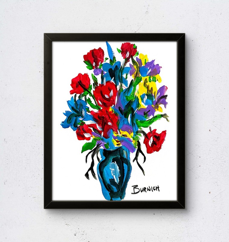 Flowers and Vase Painting 11×14 Canvas Contemporary Pop Art Acrylic Signed