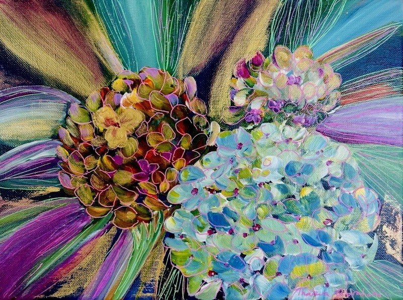 9×12 Original Acrylic Floral Hydrangea Painting Gold Abstract Canvas Art