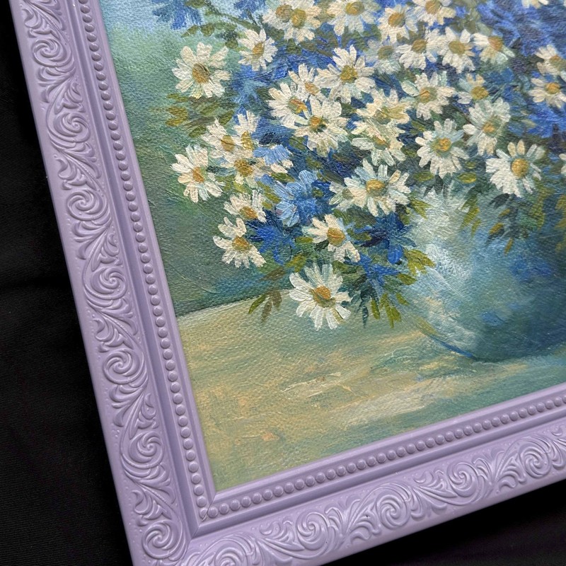 Ukrainian Painting Oil "Daisies" Vintage Frame Canvas on Hardboard 26x30 cm gallery