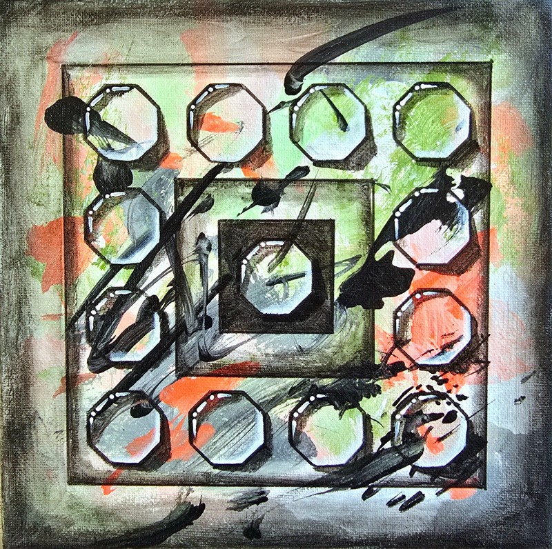 Abstract Green Acrylic Picture 20x20cm Geometric Shapes Painting on Canvas