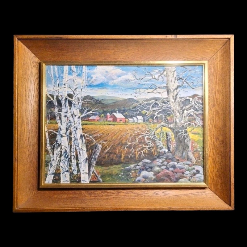 Framed Vintage Landscape Painting Autumn Farm Scene Trees Signed Impressionist