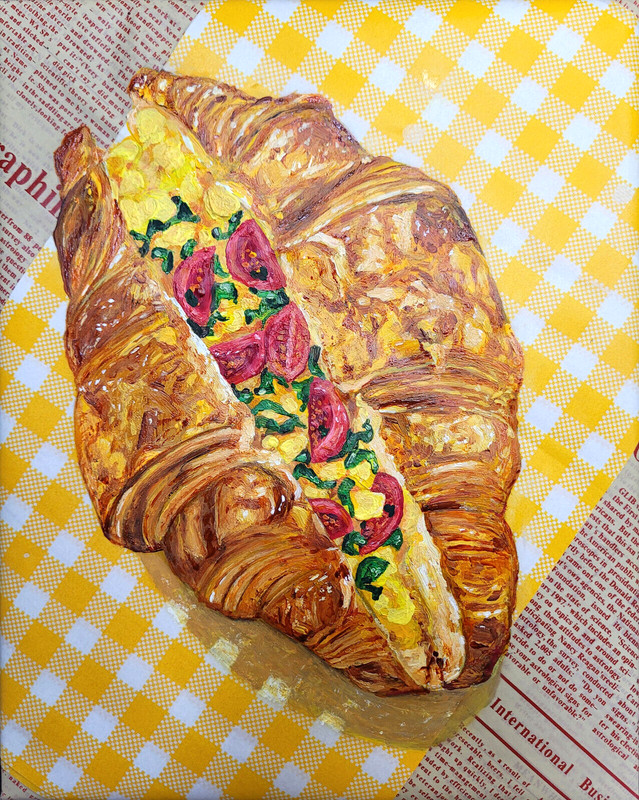 Croissant Toasted Egg Painting Breakfast, Original Newspaper Print Art on Board