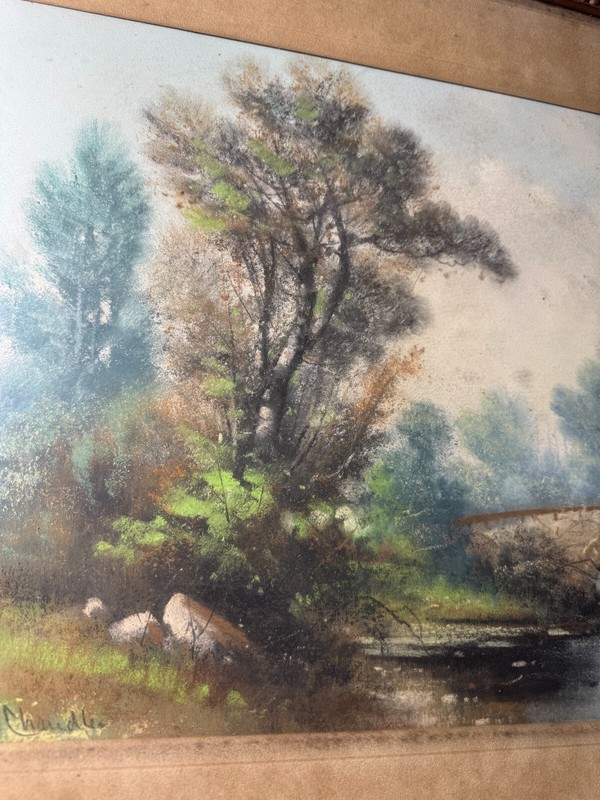 William Henry Chandler (1854 - 1928) "Stone Bridge Scene" Pastel Painting-Framed gallery