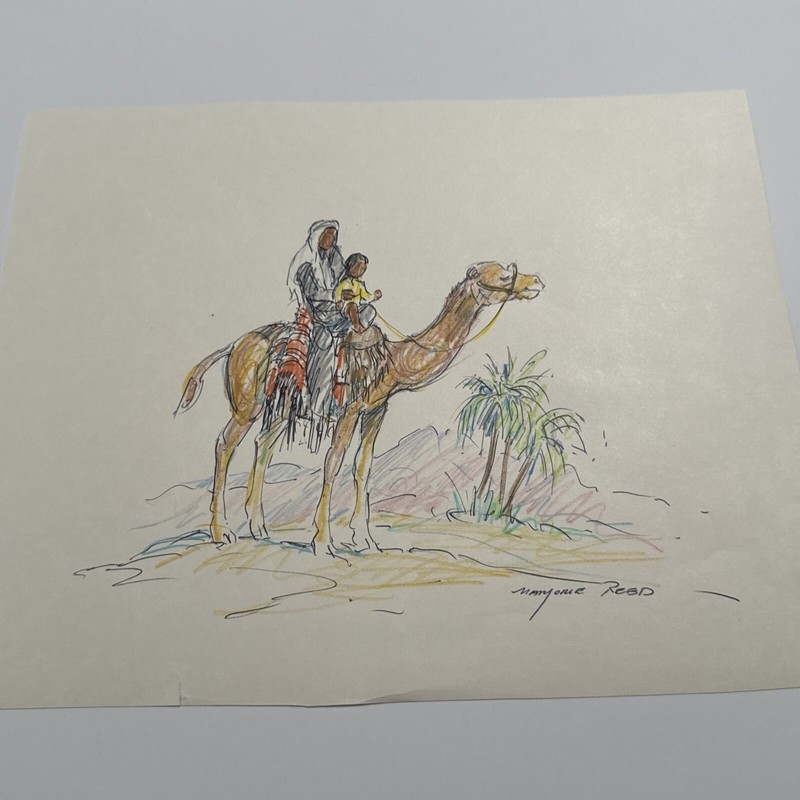 MARJORIE REED DRAWING LISTED FAMOUS Sketch WOMAN AND CHILD ON CAMEL DESERT PALM