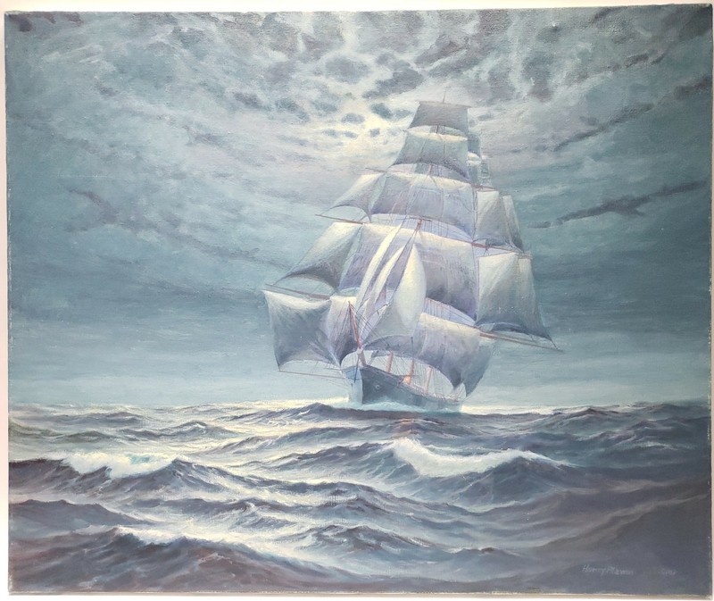 HENRY PLAWING UNDER MOONLIT SKIES CLIPPER SHIP NORTH AMERICA OIL CANVAS PAINTING