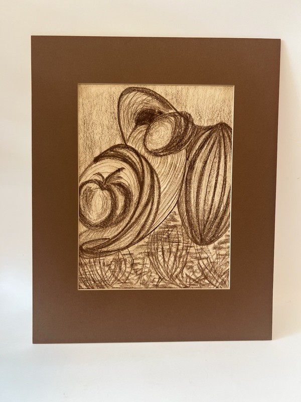 Mid Century Abstract Still Life Charcoal Drawing Cubist Style Fruit