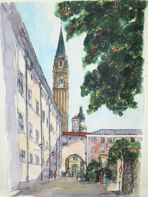 SALZBURG SMALL ORIGINAL WATERCOLOR BAVARIAN STREET SCENE PAINTING UNSIGNED