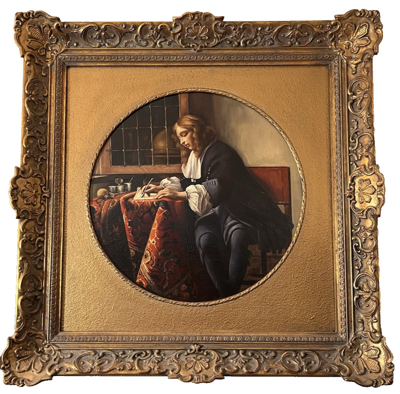 Oil painting copy after Gabriel Metsu (*1629) man writing a letter magnificent frame