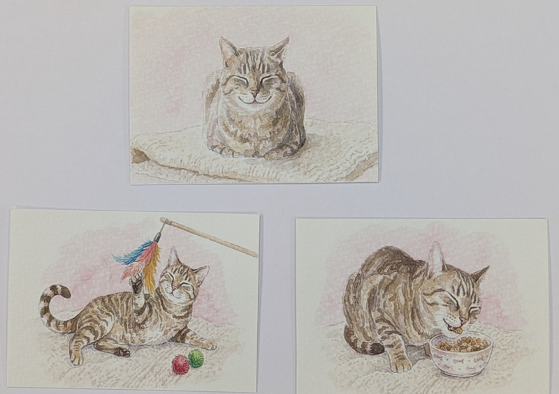 ACEO 3pc Japanese Cat Art Print Watercolor Tabby Smiling Playing Eating #1-3