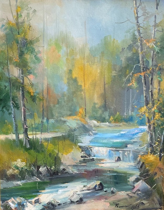 Oil painting Stream forest Ukrainian painter Canvas Framed original landscape