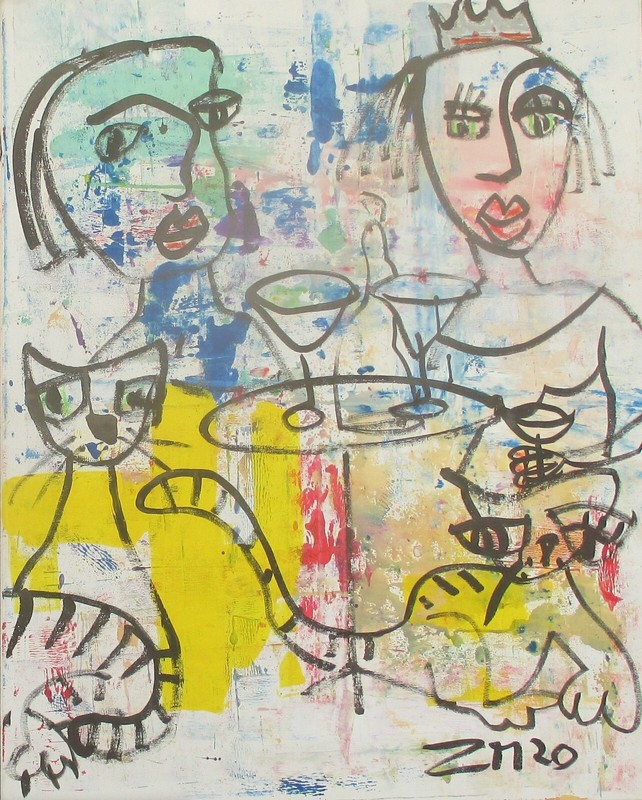 Expressive Queen 2 Cats 80x100cm Original Acrylic Painting Sonja Zeltner-Müller