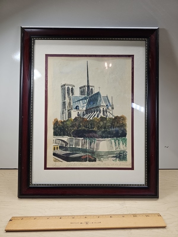 Handpainted Watercolor Notre Dame Paris France Artist Signed Framed Art 11×14