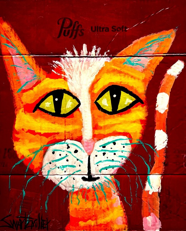 colorful ORIGINAL POP ART CAT PAINTING Unique Upcycled SWARTZMILLER DNA SIGNED