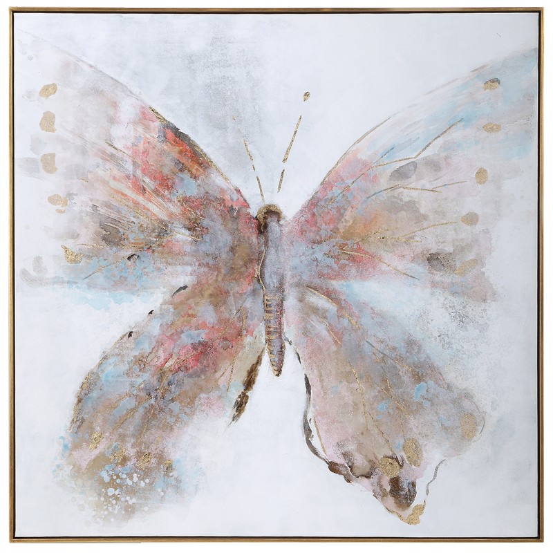 Elegant Oversize 51 in Colorful Butterfly Painting Modern Pink Blue Gray Red