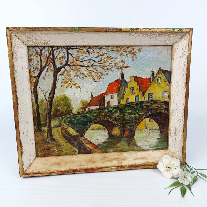 Rustic Village Bridge Scene Oil Painting on Panel – Vintage Romantic Realism Art
