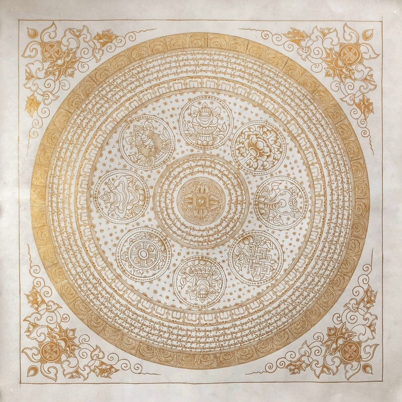 79x79cm Auspicious Mantra Mandala Thanka, Om Mani Padme Hum Mandala Thangka, Ble