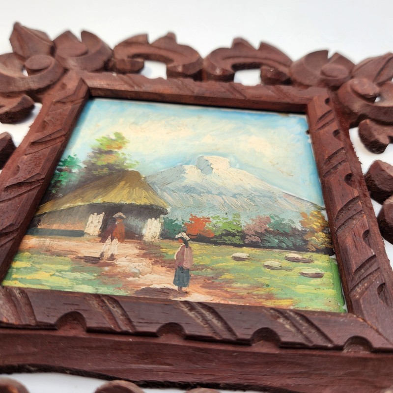 ECUADORIAN FOLK ART OIL on PLASTIC VINTAGE PAIR LANDSCAPE Handmade Frames 8" Sq gallery