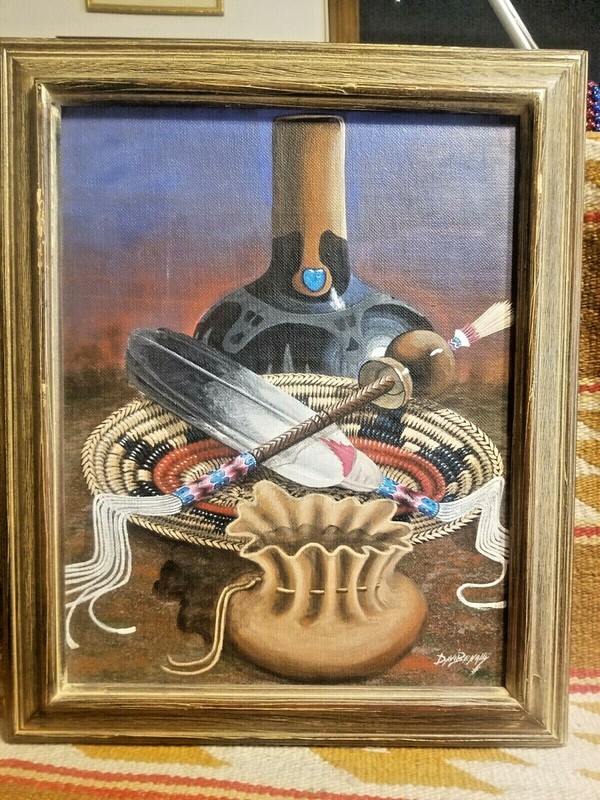 COLORFUL O/B STILLIFE NAVAJO PAINTING BLACK POTTERY MEDICINE BAG DAVID BENALLY