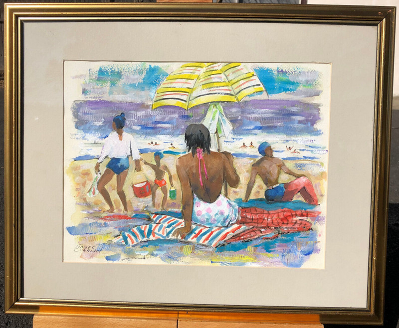 Black Family on Beach- New Jersey-Oil on Paper Painting-1960s-James Carlin gallery