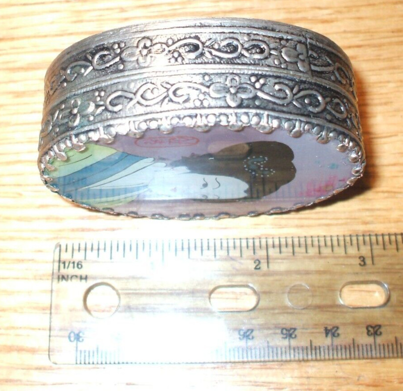 Antique Sgnd. Japan Miniature Oil Painting on Glass Top Metal Compact, Free Ship gallery