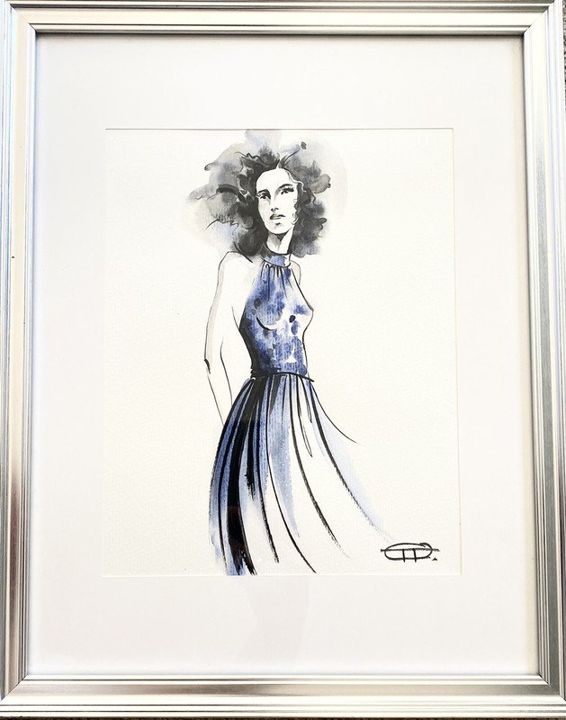 Fashion Illustration «Lady Blue 1 “ , Watercolour Painting, signed framed