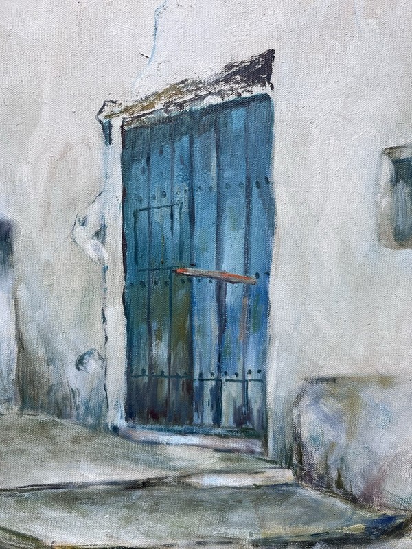 Mid Century 50s 60s Jack Paul Maroon Oil Painting Blue Door Street Spain Realism gallery