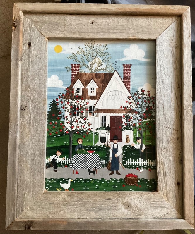 Original painting framed Vintage Folk Art Amish Rural Farm Scene by Pat Eberline