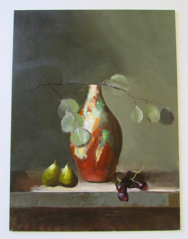 Original Still Life Classic Oil Painting Eucalyptus Pears & Grapes 12″ x 16″