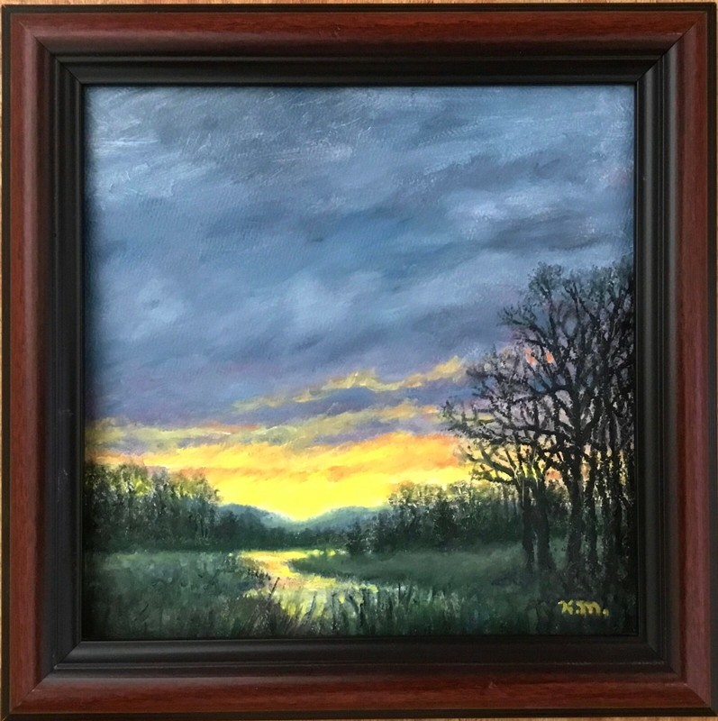 COUNTRY DUSK – Framed 8X8 inch original oil skyscape painting by K. McDermott