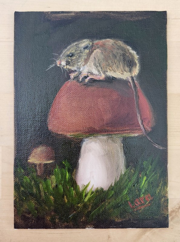 Framed Original Oil Painting Mouse on Mushroom 5x7 Signed OOAK Woodland Art gallery